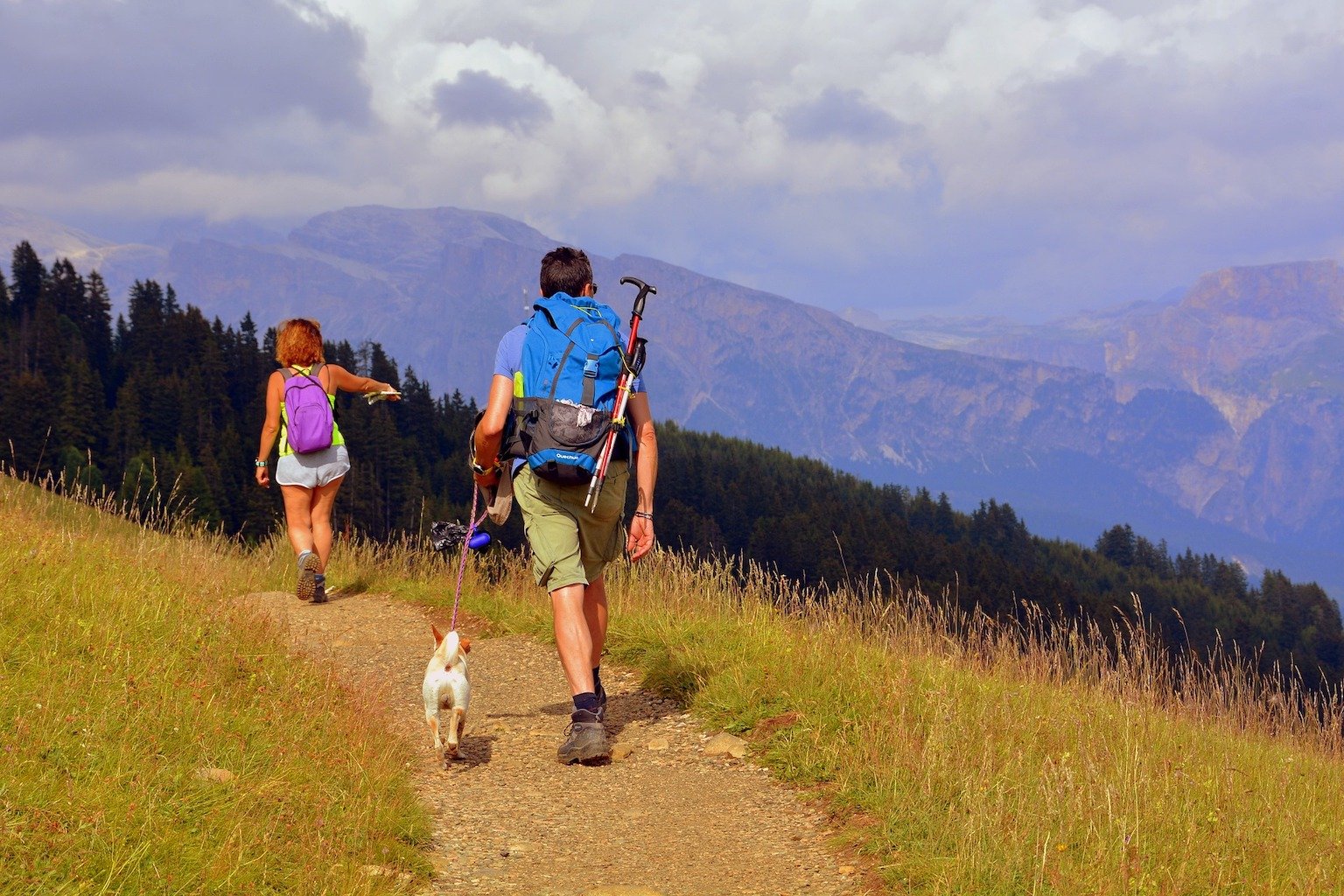 Un homme et une femme en randonnée avec leur chien, en cani-rando